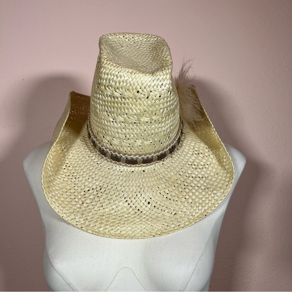 Vintage 70 80 Retro Stagecoach Natural Straw Western Cowboy Hat with Feathers - Picture 4 of 17